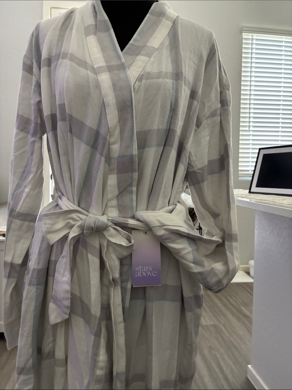 stars above Light Gray and Lavender Plaid Tie-Waist Robe